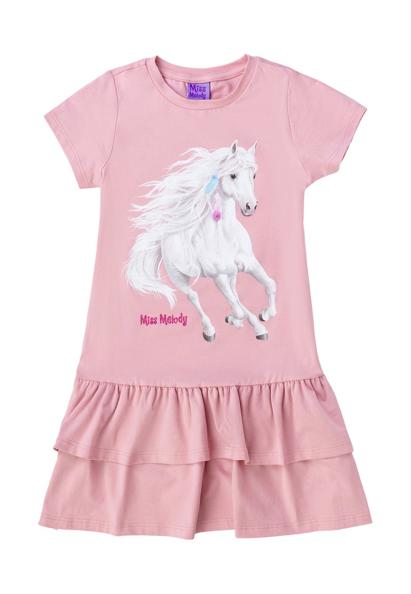 Abito rosa a maniche corte con orlo a volant. Presenta una grafica di un unicorno bianco con accenti colorati e il testo "Miss Melody" in rosa glitterato.