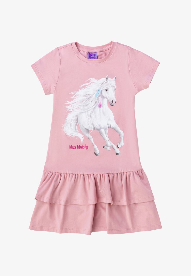 Abito rosa a maniche corte con orlo a volant. Presenta una grafica di un unicorno bianco con accenti colorati e il testo "Miss Melody" in rosa glitterato.