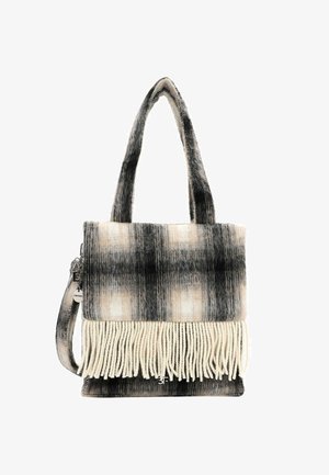 Borsa in lana a quadri nei colori nero, grigio e crema. Presenta una parte inferiore frangiata e due manici. Offre una forma rettangolare e strutturata.