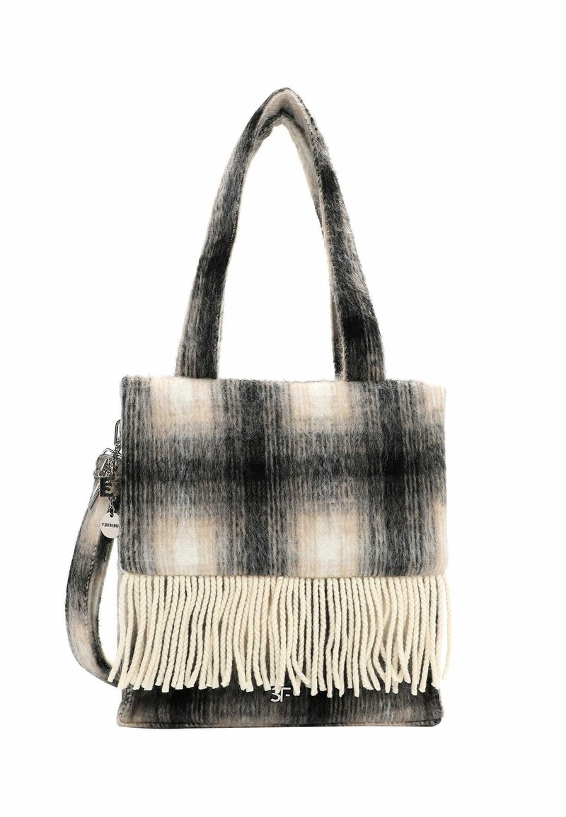 Borsa in lana a quadri nei colori nero, grigio e crema. Presenta una parte inferiore frangiata e due manici. Offre una forma rettangolare e strutturata.
