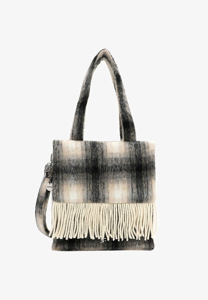 Torebka z wełny w kratę w kolorze czarnym, szarym i kremowym. Posiada frędzle u dołu oraz podwójne uchwyty. Oferuje usztywniony, prostokątny kształt.