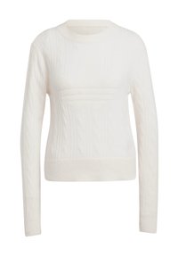 Suéter blanco de punto trenzado que presenta mangas largas, un escote redondeado y patrones texturizados en toda su superficie. Dobladillo y puños de canalé.