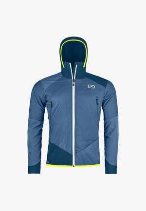 Blue insulated jacket with a hood, featuring a zip front, two side pockets, geometric patterns, and bright yellow accents along the hood and hem.