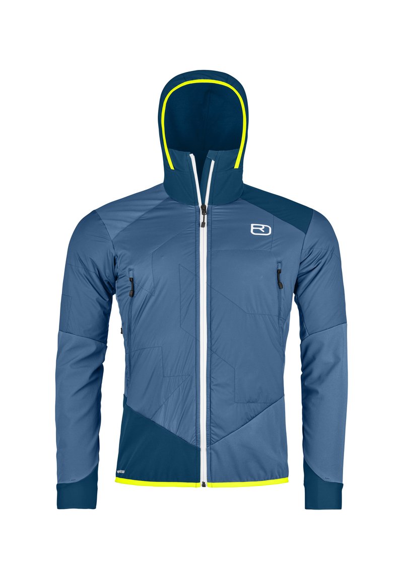 Blue insulated jacket with a hood, featuring a zip front, two side pockets, geometric patterns, and bright yellow accents along the hood and hem.