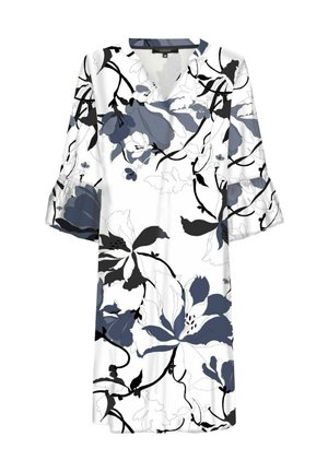 Weißes knielanges Kleid mit dreiviertel Ärmeln, großen schwarzen und grauen Blumenmustern und einem V-Ausschnitt.