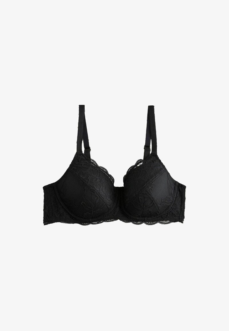 Soutien-gorge noir en dentelle à armatures avec bretelles réglables et motif floral détaillé.