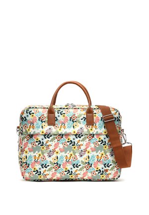 Sac d'épaule rectangulaire à motif floral avec poignées en cuir marron et bandoulière ajustable en tissu marron, poche avant zippée et quincaillerie argentée.