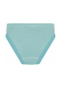 Hellblau gestreifter Bikini-Unterteil aus einem weichen, dehnbaren Stoff, mit einem breiten Bund und glatten Kanten für hohen Tragekomfort.