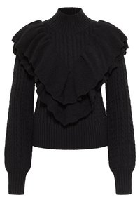 Schwarzer Strickpullover mit hohem Kragen, geschichteten Rüscheldetails über der Brust und ribbed Bündchen und Saum mit Kabelstrickstruktur.