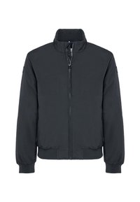 Giacca bomber nera realizzata con tessuto leggero, dotata di chiusura con zip, collo alto, polsini elastici e bordo a coste. Senza loghi o motivi visibili.