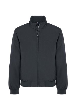 Giacca bomber nera realizzata con tessuto leggero, dotata di chiusura con zip, collo alto, polsini elastici e bordo a coste. Senza loghi o motivi visibili.