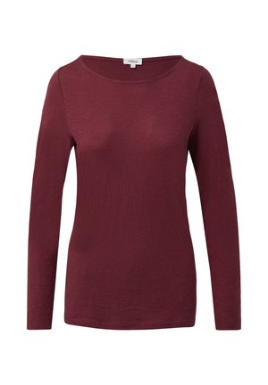 Bordo majica dugih rukava, izrađena od mekanog materijala, ima široki okrugli izrez i prilagođeni siluetu. Jednostavna, glatka tekstura, bez uzoraka.