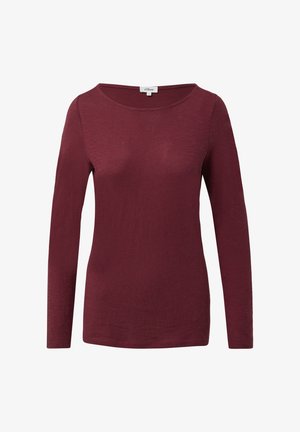 Bordowa koszulka z długim rękawem, wykonana z miękkiego materiału, posiada szeroką okrągłą szyję i dopasowany krój. Prosta, gładka faktura, bez wzorów.
