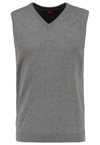 Pull sans manches gris avec un col en V, des poignets et un ourlet côtelés, confectionné dans un tissu tricoté lisse. Couleur uniforme sans motifs visibles.