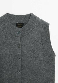 Gray wool-cashmere sleeveless cardigan with a rounded neckline, featuring five dark buttons and a ribbed collar and armholes.