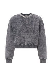Sivi acid-wash skraćeni dukserica s dugim rukavima i okruglim izrezom ukrašena srebrnim perlicama i rhinestones.