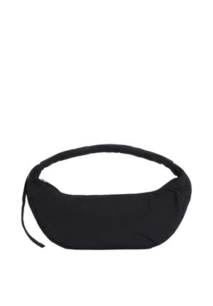 Black crescent-shaped shoulder bag with a zip closure and an adjustable padded strap.