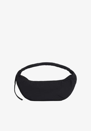 Black crescent-shaped shoulder bag with a zip closure and an adjustable padded strap.