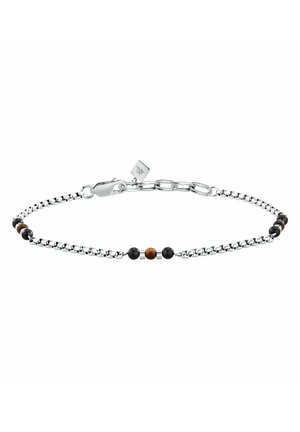 Braccialetto delicato con catena d'argento e chiusura a moschettone, con perline nere e marroni distribuite uniformemente lungo la catena.