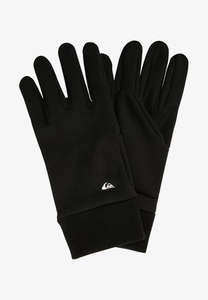 Black gloves made of soft fabric, featuring a fleece cuff and a small white logo on the wrist area. Long, tapered fingers for fit.