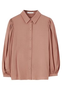 Rosé-colored blouse with a structured collar, front button closure, and puffed long sleeves. Smooth fabric with minimal sheen.