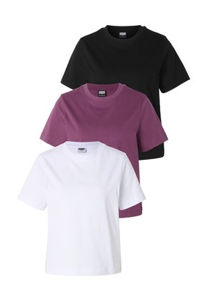 Trois T-shirts unis à col rond empilés, couleurs de l'avant vers l'arrière : blanc, violet et noir, présentés sur fond blanc.