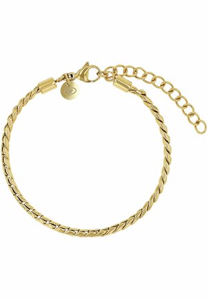Pulsera de cadena dorada retorcida con cierre de langosta y eslabones ajustables, con un pequeño colgante redondo cerca del cierre.