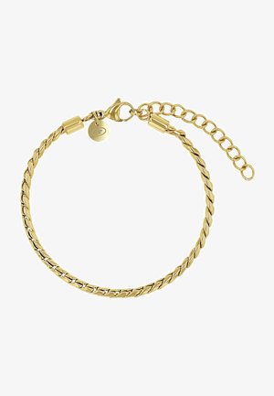 Bracelet chaîne tordue en or avec fermoir mousqueton et maillons ajustables, avec un petit charme rond près du fermoir.