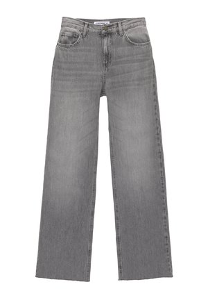 Grijze wijde jeans met hoge taille. Gemaakt van denim met een vervaagde afwerking. Voorzien van twee voorknoopzakken en een knoopsluiting.