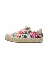Blumenmuster-Sneaker mit einem mehrfarbigen Canvas-Obermaterial, beiger geflochtener Zwischensohle und metallischen Akzent an der Ferse. Runde Schnürsenkel, niedriges Profil.