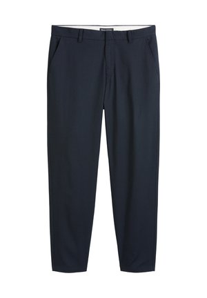 Navy blue tailored trousers made of smooth fabric, featuring side pockets and a straight leg design with a subtle sheen.