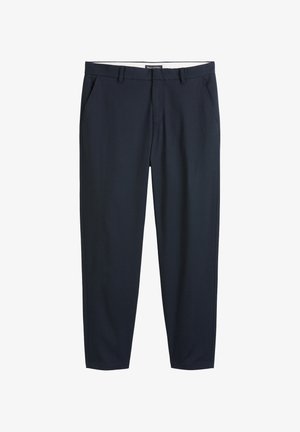 Navyblauwe op maat gemaakte broek van soepel materiaal, met zijzakken en een rechte pijpdesign met een subtiele glans.