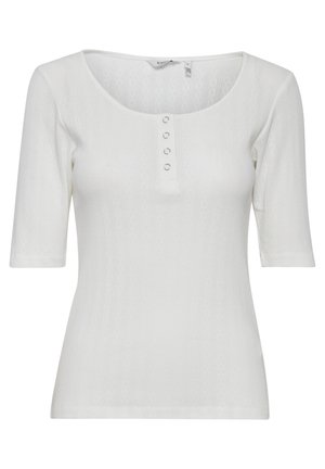 Weißes kurzärmliges Oberteil mit rundem Halsauschnitt und fünf-knöpfiger Leiste, das ein strukturiertes Rippmuster aufweist.