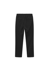 Pantalon noir droit avec taille élastique et deux poches passepoilées à l'arrière, présenté de dos sur fond blanc.