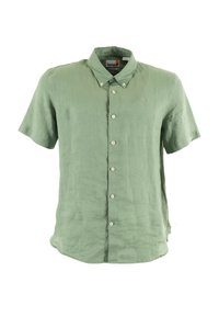 Camicia a maniche corte button-up in lino verde chiaro. Caratterizzata da un colletto, sette bottoni sul davanti e un piccolo logo sul petto.