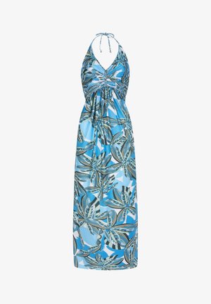 Zils maxi kleita ar halter neck, ar tropu lapu rakstu zaļā un baltā krāsā. Mīksta, viegla auduma ar savelkamu detaļu pie krūšu zona.