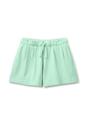 Hellgrüne Freizeithosen mit elastischem Bund und vorderem Kordelzug, mit Seitentaschen und dezentem Logo am Saum.