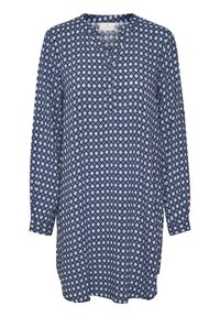 Długa tunika z długimi rękawami w kolorze granatowym z geometrycznym wzorem w jasnoniebieskie i białe romby. Posiada dekolt w kształcie litery V oraz listwę guzikową. Wykonana z lekkiego materiału.
