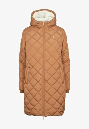 Šivana, dolga rjava bunda s kapuco, ki ima puhasto belo podlogo, sprednji zadrgo in dve stranski žepi.