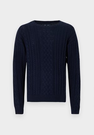 Laivastonsininen neulepaita, jossa on pyöreä pääntie, tekstuuriin kudottu palmikkokuvio, resorit reunoissa ja pitkät hihat.