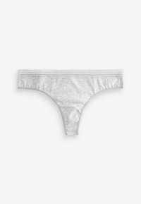 String gris en coton avec une taille en dentelle texturée, présentant une surface lisse et un minimum de coutures, conçu pour le confort et la flexibilité.