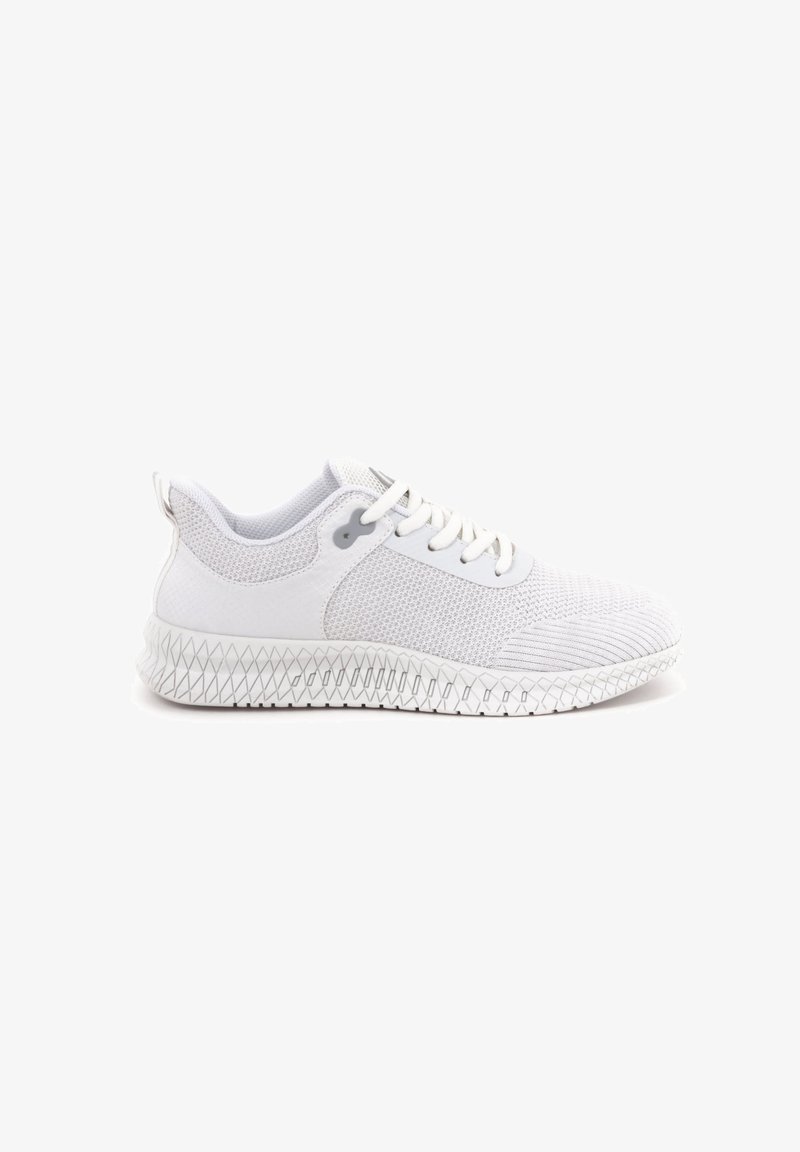 White athletic shoe made of mesh and synthetic material. Features a textured sole and traditional lace-up design. Accents include a loop at the heel.