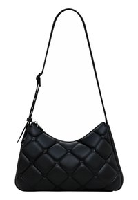 Black leather handbag with a quilted pattern, curved silhouette, slim adjustable strap, and zip closure. Features embossed logo accents.