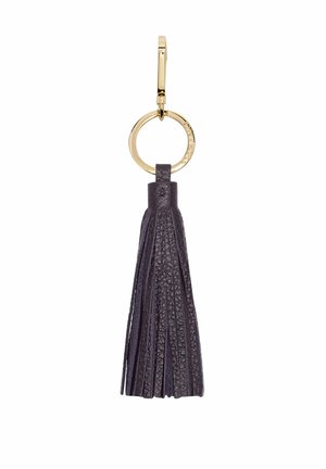 Portachiavi in pelle con nappa di colore viola scuro e hardware dorato. Presenta un attacco ad anello e numerosi fili testurizzati per un tocco di dettaglio in più.