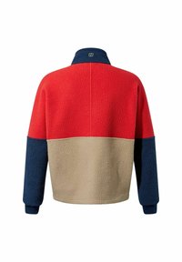 Fleecejack met een rode bovenkant, beige middenstuk en marineblauwe ondermouwen. Textuurstof met een hoge kraag en gedetailleerde stiksels.