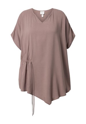 Løs taupe kortærmet bluse med V-hals, asymmetrisk kant og justerbar sidesnøre.