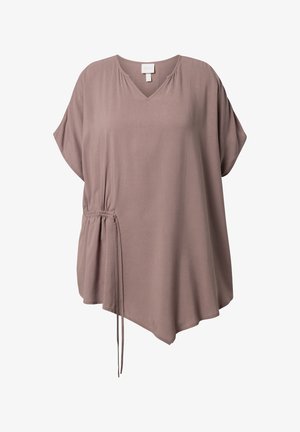 Blusa corta color taupe chiaro con maniche corte, scollo a V, orlo asimmetrico e dettaglio laterale con coulisse regolabile.