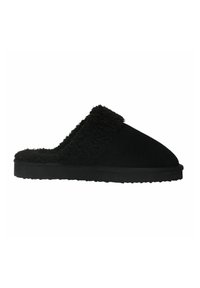 Zwarte slipper van zacht suede met een fluffy textuur rond de opening. Platte rubberen zool, minimalistisch ontwerp en een afgeronde neusvorm.