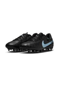 Black soccer cleats with a textured surface, featuring a blue Nike logo and accents, equipped with molded studs for traction.