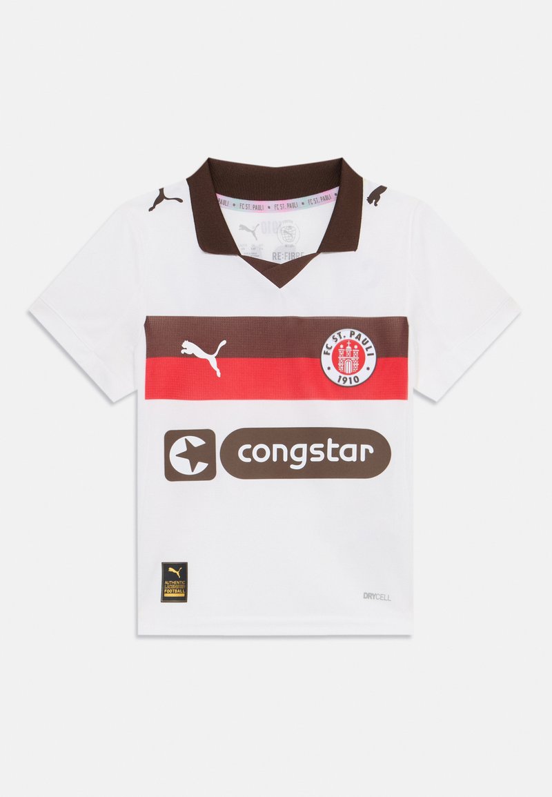 Fehér sportmez barna és piros vízszintes csíkokkal, barna gallérral, Puma logóval, FC St. Pauli címerrel és "congstar" grafikával. DryCELL anyag.